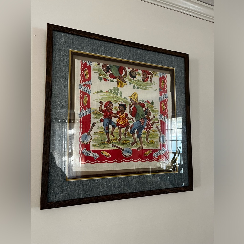 VINTAGE Collectable. Cloth print. Children playing music and dancing in a field.